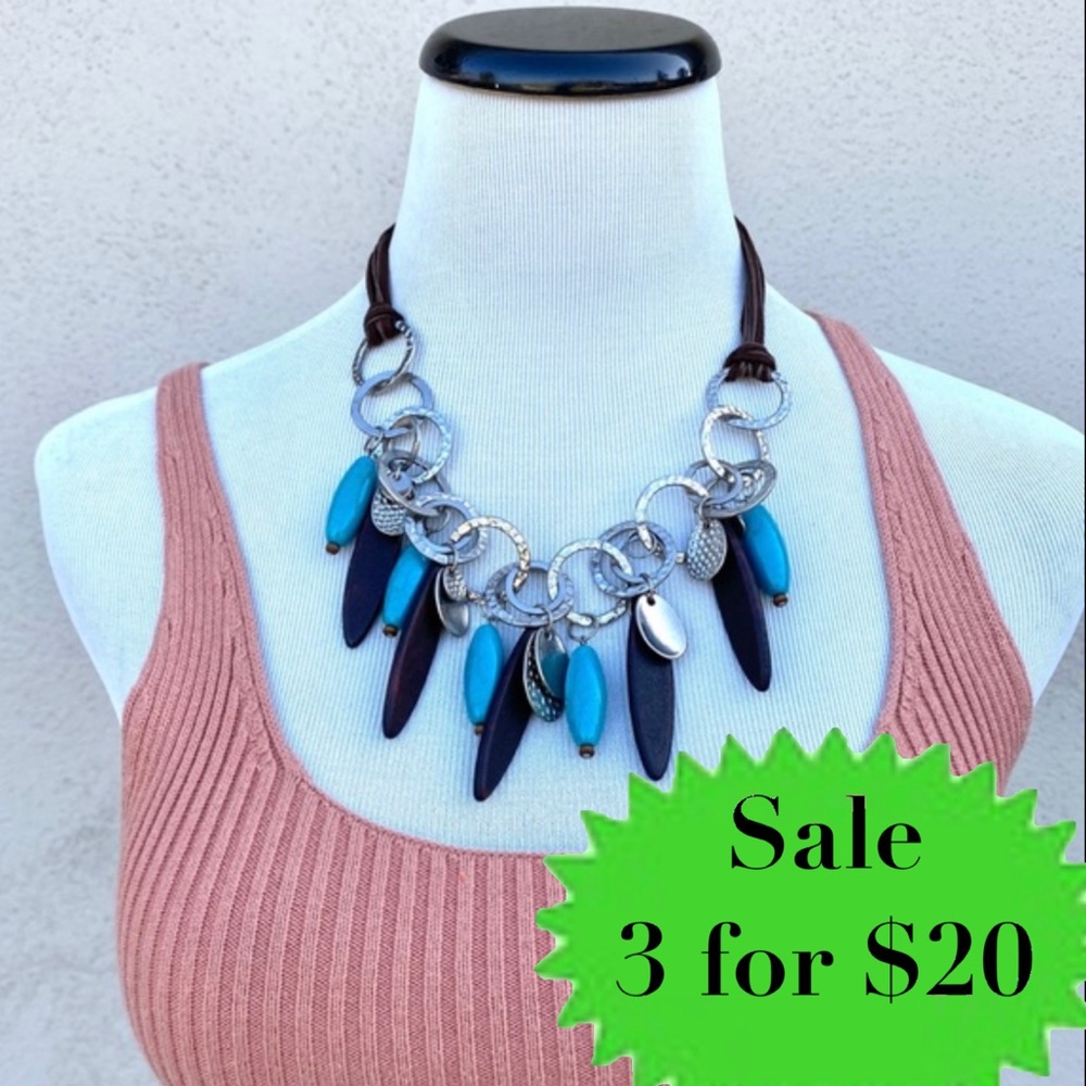 Nordstrom chunky necklace statement beaded wood turquoise fringe bib chest piece